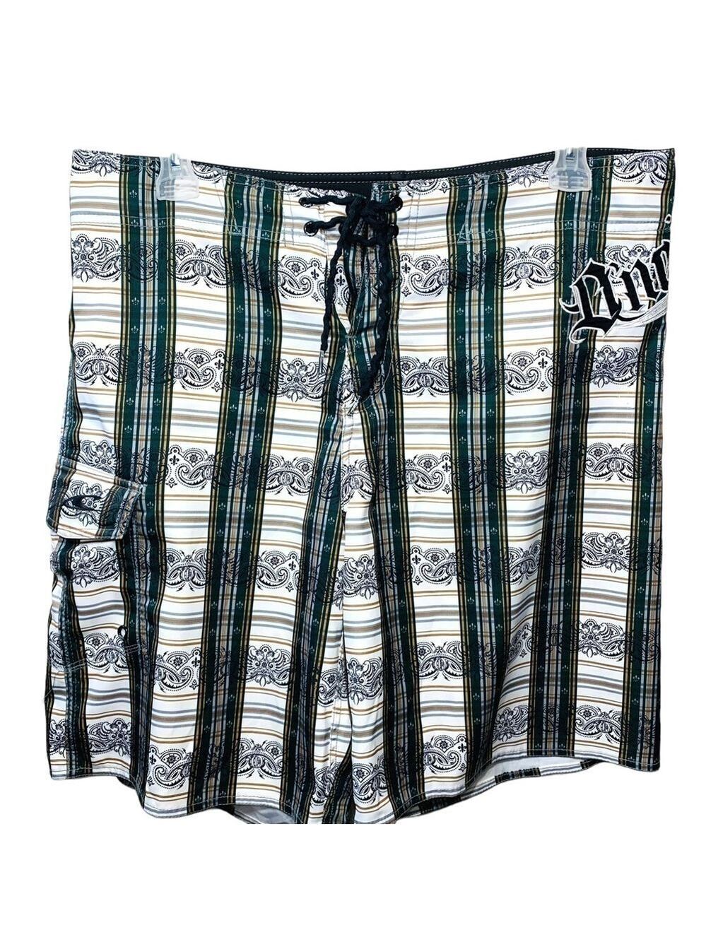 O'NEILL Green White Cargo Boardshort Striped Swim Trunk Sz 33 (Reel Waist 36")